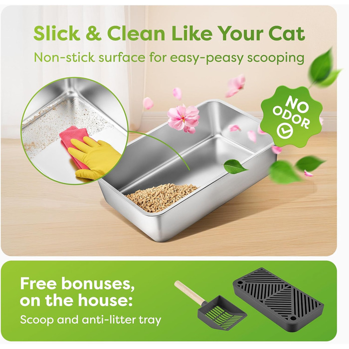 OHM Pets XL Лоток для котів з нержавіючої сталі 20 л – антипригарний, велика котяча туалетна коробка, металевий лоток із високими бортами, лопатка та піддон у комплекті, не іржавіє, не протікає