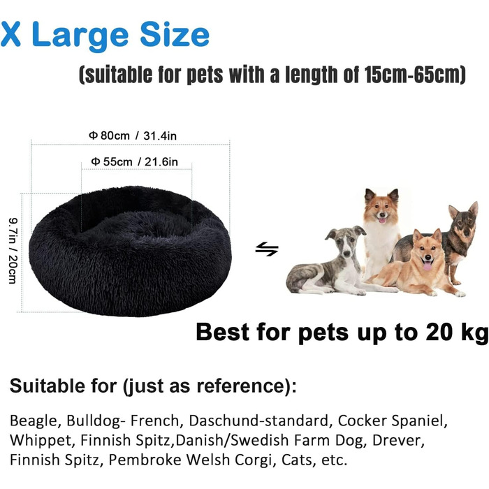 Зручне заспокійливе ліжко для собак, велике, миється, Anti-Angst, ліжко-пончик, розкішне, тепле, м'яке, покращений сон, дивовижне ліжко для котів, затишне, з антиковзним дном, кругле, ліжко для цуценят Ø 80см Зовнішній діаметр (XL) Чорний