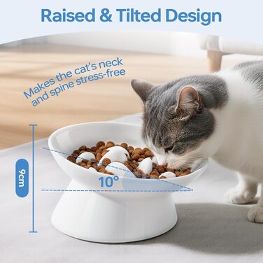 Керамічна миска для котів з підняттям, протиковзаюча, для повільного годування, біла
