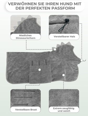 Рушник для собак з мікрофібри, халат для собак, швидковисихаючий, з регульованим коміром на липучці, для великих, середніх та маленьких собак/котів (Сірий, M)