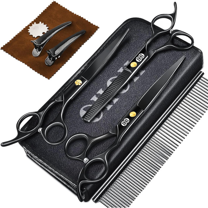 Набір професійних ножиць для грумінгу собак CIICII 10-в-1 з безпечними закругленими кінцями (для собак, котів, тварин). Підходить для стрижки, прорізування та формування шерсті. Срібно-чорний колір.