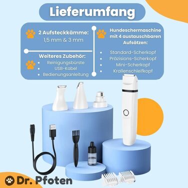 Машинка для стрижки собак та котів Dr. Pfoten MultiTrim Pro 4-в-1 - тиха, професійна, водонепроникна (IPX7), з 4 насадками, для догляду за лапами, біла