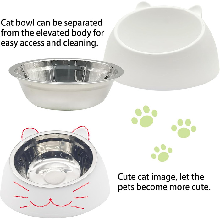 Набори мисок для котів Hamiledyi з підняттям, 4 шт., 15° нахил, нержавіюча сталь, анти-блювотна, не протікає, для кошенят, дорослих котів та кроликів (чорний + білий, 200 мл)