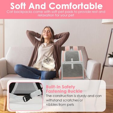 Складаний рюкзак для котів та собак, рюкзак-переноска з сіткою, м'яка підстилка, до 6,8 кг, дихаючий, для подорожей, прогулянок (рожевий)
