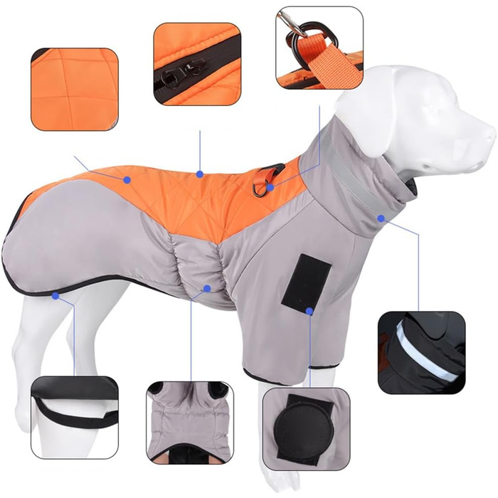 Зимовий теплий одяг для собак: куртка-комбінезон з флісовою підкладкою, вітронепроникний, з D-кільцем, для маленьких, середніх та великих собак, сіро-помаранчевий, 5XL