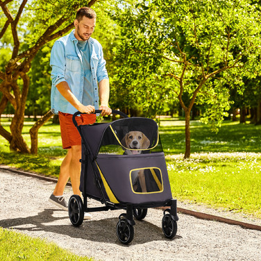 Коляска для собак PawHut Dog Buggy складна з подушкою та страхувальними шнурами, баггі для кішки з сітчастим віконцем та бічною кишенею з тканини Oxford темно-сірого кольору