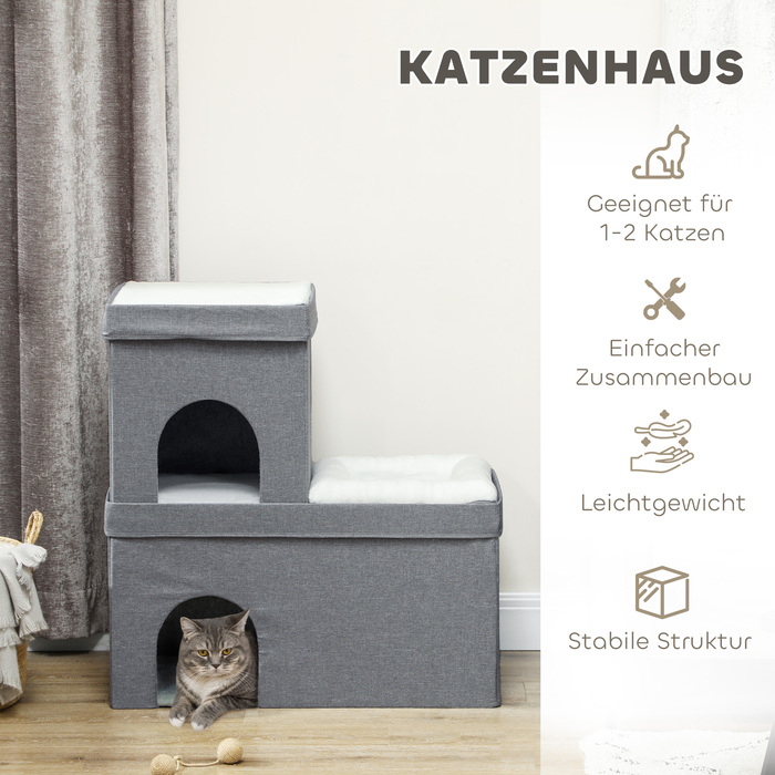 PawHut Cat Cave Cat House, Будиночок для кішок з 3 ярусами, Лежанок для кішки з подушкою, Будиночок для собаки до 5 кг, 74 x 37.5 x 78.5 см, Сірий | Аосом