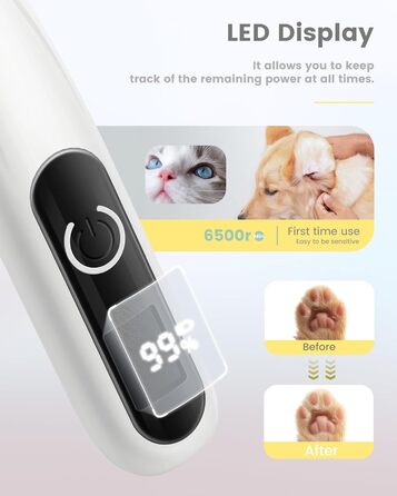 PAPMINI Безшумна машинка для стрижки котів з LED-дисплеєм, Type-C, акумулятор, бездротова когтерезка для котів, професійна машинка для стрижки лап, вух, обличчя, спини (біла)