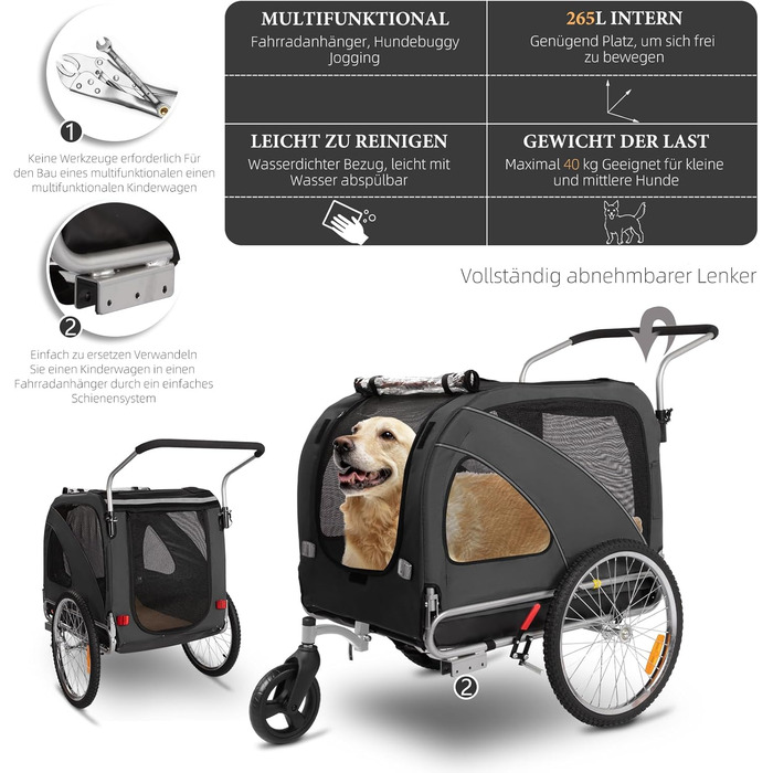 Трансформер для собак XL: велосипедний та візочок 2-в-1, до 40 кг, сірий