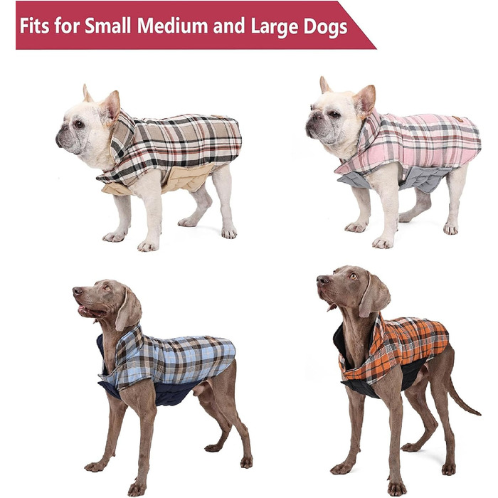 Зимовий одяг для собак, водонепроникна тепла куртка для малих, середніх та великих собак, для активного відпочинку на вулиці з отвором для повідка, двостороння куртка в клітинку, бежевого кольору, розмір L