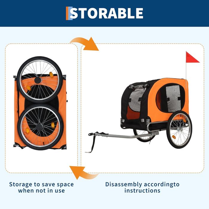 Дитячий велосипед-причеп для собак до 40 кг – з безпечною лідкою, прапорцем, 20-дюймовими шинами, амортизацією, водонепроникним покриттям з ПВХ, сталевим каркасом, вентиляційними вікнами – помаранчевий