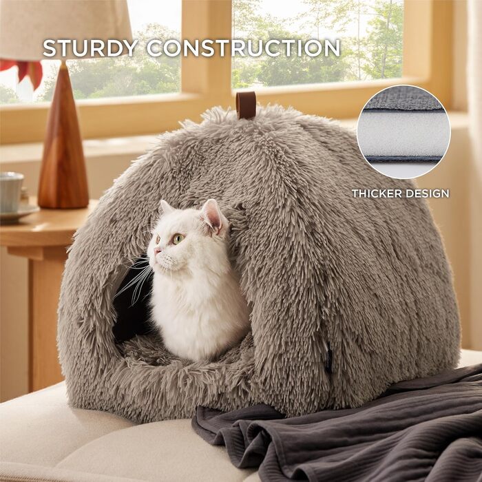 Кішка ліжко BEDSURE велика, кішка печера, 40x40x40 см, плюшеве кішкове будиночок для дому з знімним подушечкою та іграшкою, кішка ліжко BEDSURE, можна прати, (Д 40 x Ш 40 x В 40 см, верблюжий)