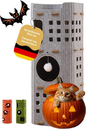 Сучасний котячий комплекс з 4 ярусами та 3 будиночками для котів, сірий. Міцний, з фетру, з іграшкою, 90 см.