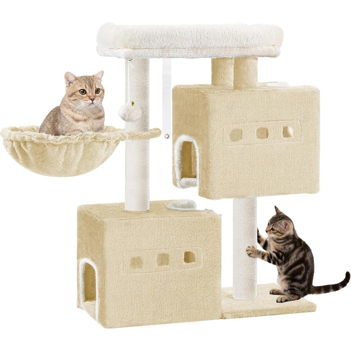 Дерево для кігтів Hzuaneri Kratzbaum 75 см, стійкий, з великою лежанкою, гrottoм, сизалевими стовпами, кошиком та іграшками, меблі для котів, MS07618LG (55 x 30 x 75 см, бежевий)