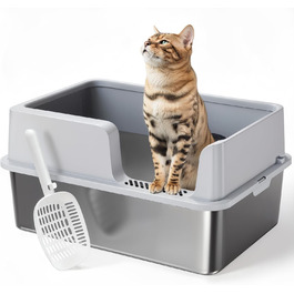 Лоток для котів PawGiant XXL з нержавіючої сталі, високий бортик, металевий туалет для великих котів, не прилипає, без запаху, герметичний, зі совком