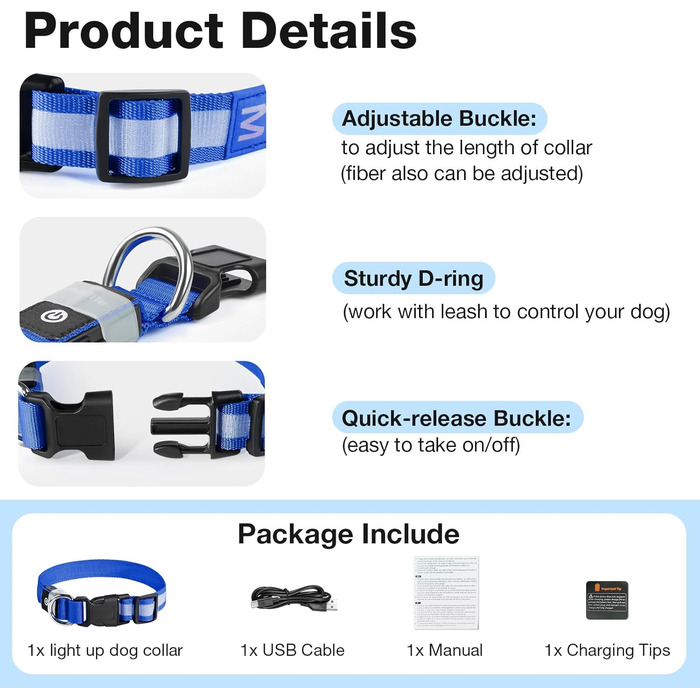 Світлодіодне нашийник для собак Leuchthalsband PcEoTllar, водонепроникний, 7 кольорів, регульований, для малих та великих собак, чорний (синій, S)