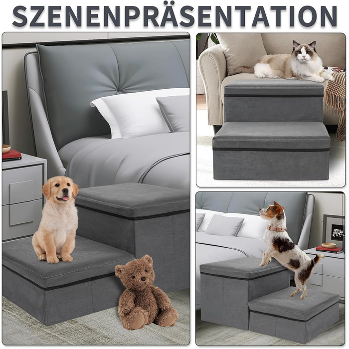 Сходинка для тварин OUUTMEE на 2 сходинки, складана, з місцем для зберігання, сірого кольору. Підходить для собак, котів, літніх тварин. Максимальне навантаження: 30 кг.