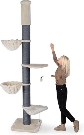 Кігтеточка HAPPYPET 'Леонардо' XXL для великих котів, 250-275 см, товсті стійкі стовпи, великі лежанки до 20 кг, гніздо, сертифіковане дерево, кігтеточка для Мейн-кунів та Регдоллів, сірий/кремовий колір