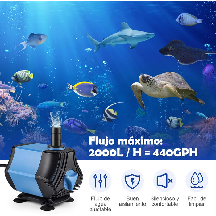 Zacro Нова занурювальна водяна помпа 2000 л/год, ультратиха, 40 Вт, з 4 присосками і 3 насадками (13/16/19 мм) для акваріуму, саду, ставка, фонтану
