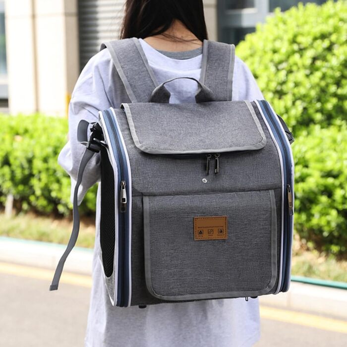 Фарбований кошик для собак - кошик для велосипеда, переносник для домашніх тварин, посилений рюкзак, розширюваний, м'який велосипедний рюкзак з 4 відкритими дверцятами | 4 сітки для маленьких собак, котів, цуценят - сірий