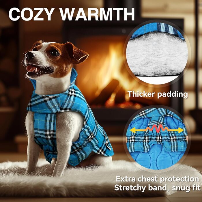 Теплий зимовий одяг для собак VIVAGLORY Softjoy: куртка з бавовни з бавовняним захистом живота та застібкою-липучкою, тепла софтшеллова куртка в клітинку, регульована, M, Хакі M (1 шт.) (XL (1 шт.), Синій (двостороння модель))