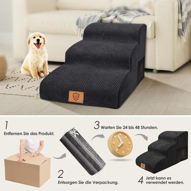 Сходинка для собак Myiosus – 3 ступені, для малих собак, з високощільним губчатим матеріалом, портативна, знімний та миючий чохол, антиковзаюча, чорна