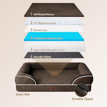 Ортопедичне ліжко для собак великих порід, 104x69 см, з піною з пам'яті, кошик для собак середніх порід, миється, водонепроникне, з неслизьким покриттям, диванчик для собак з високим бортиком, коричневий, розмір L 104 x 68.5 x 17 см