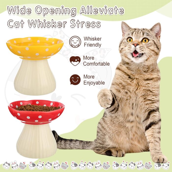 Підвищений годівниця для котів Teenyyou з кераміки, 2 шт. - для котів з вусами, широка миска для корму та води