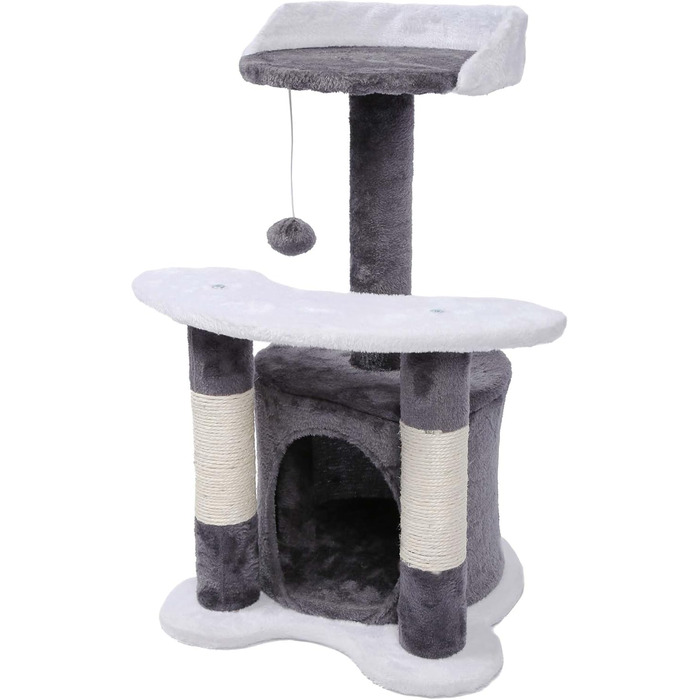 Дряпалка для котів Wiltec 67 см, чорно-біла, з сизалю, платформою, будиночком та іграшкою, крізьбаум для котів