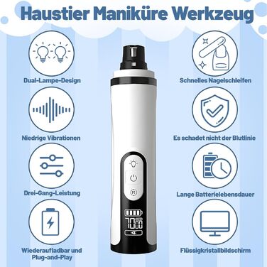 Електричний точилка для кігтів собак з 2 насадками, тример для подушечок лап з LED-підсвічуванням та 3 швидкостями, для великих, середніх та малих собак