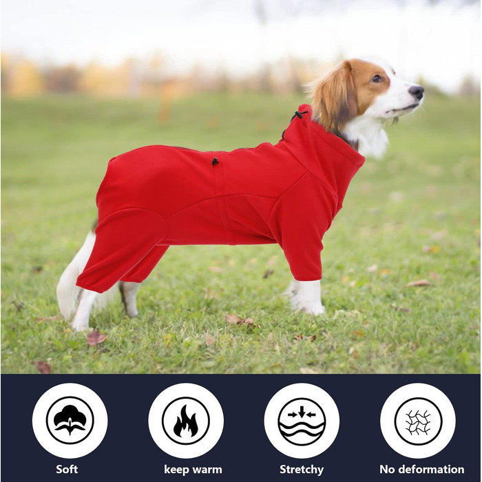 Теплий флісовий халат для собак, цільнотілий, з чотирма лапами, з регульованим капюшоном та блискавкою, зимовий одяг, ідеально підходить для собак у приміщенні та на вулиці, для малих, середніх та великих собак, червоний