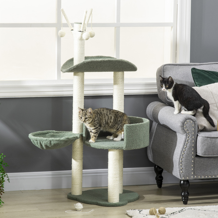 PawHut Cat Tree 123H см Лазильне дерево з кошиком і м'ячем, сизалева колона, ДСП, зелений + кремовий білий| Аосом