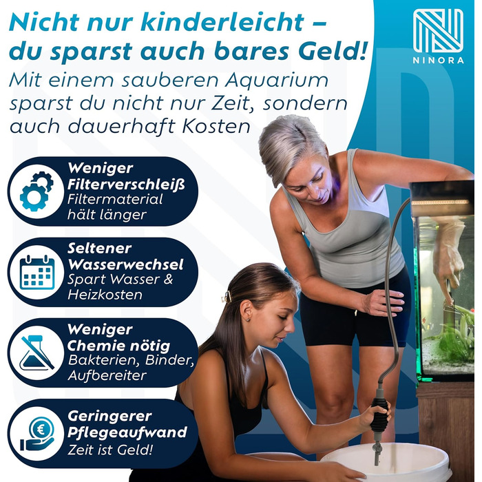 Нінора® Мульмсмукач для акваріума – очищувач ґрунту, заміна води з насосом та шланговим клапаном | Безпечний для риб, без хімії | Для малих та великих акваріумів | Аксесуари для акваріума з електронною книгою