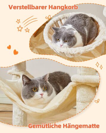 Декількаповерховий комплекс для котів Taoqimiao 170 см з будиночками, гамаком, корзиною та 8 стовпчиками для дряпання, MS013M, бежевий