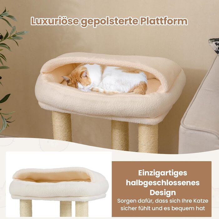 Дерев'яний кігтеточка для котів COSTWAY Klein, 61 см, білий. З м'якою лежанкою, великою основою та сизалевими стовпчиками. Кліматичний комплекс для котів, ігровий центр.