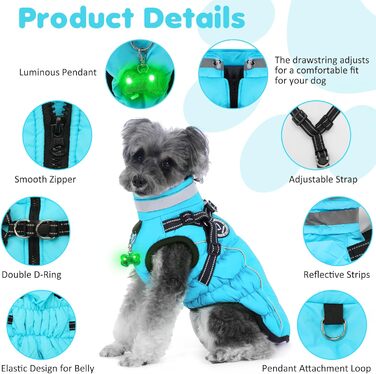 Зимовий одяг для собак HezzLuv: теплий водонепроникний одяг з LED-краваткою та світловідбиваючими смугами, розмір M, блакитний