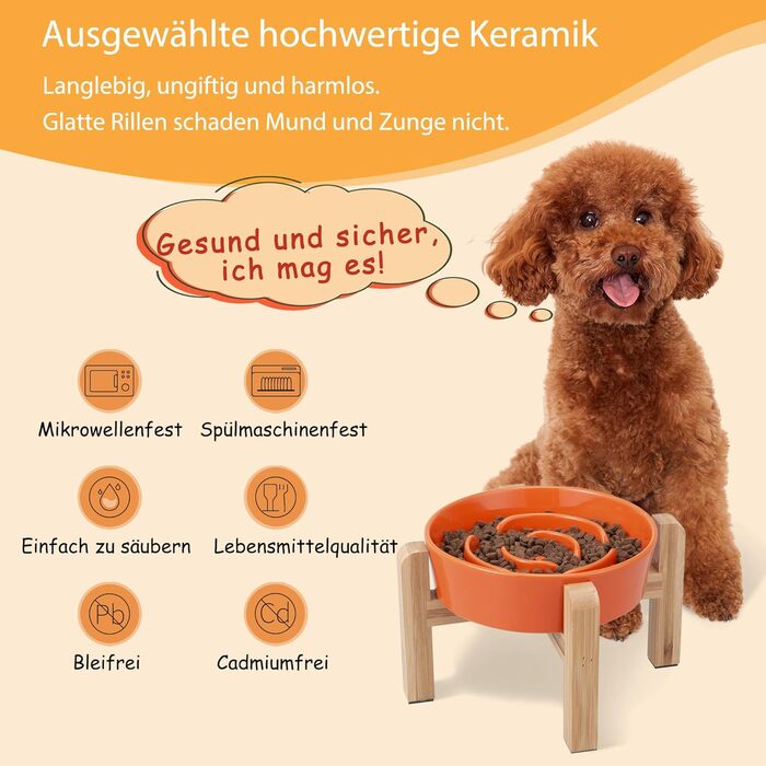 Антислизька годівниця для собак, кераміка, піднята - годівниця для собак на бамбуковому підставці, для повільного годування, для маленьких та середніх собак, білий, діаметр 17 см