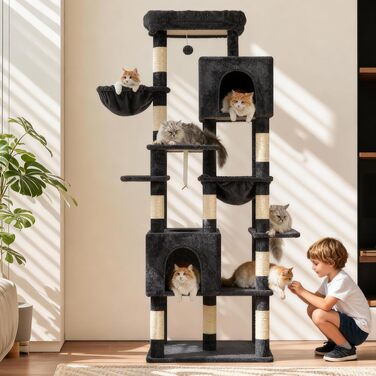 Комплекс для котів Heybly Kratzbaum 193 см, сірий: будиночки, гамак, кошик, 10 стовпчиків-дряпок