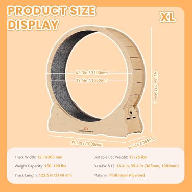Ляльковий біговий диск для котів Homegroove, 113 см, XL, натуральне дерево, для зниження ваги та здоров'я