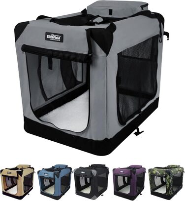 Клітка для собак EliteField з 3 дверцятами, складана, м'яка, з сумкою для перенесення та підстилкою з флісу, для дому та вулиці, 91.4 x 61 x 71 см, світло-сіра
