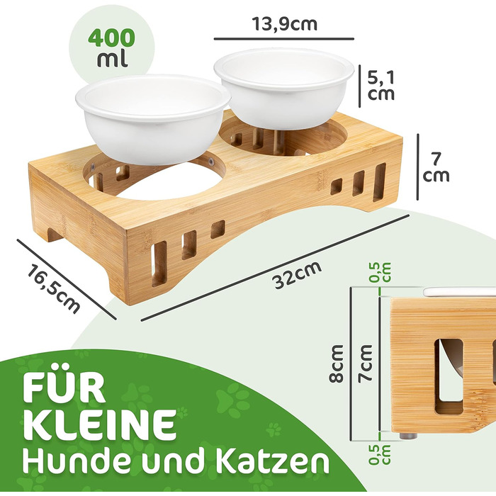 Миска для котів та тварин Giriniwee з бамбукового каркасу, 2 керамічні миски по 400 мл, піднята подвійна миска для кошенят, собак