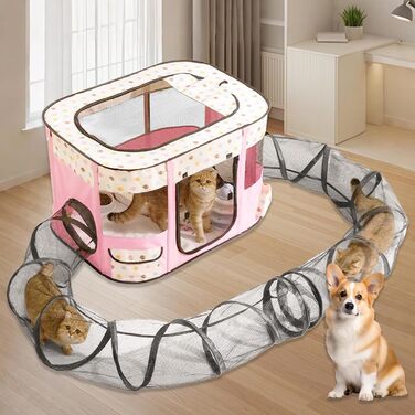 Клітка-забіг для цуценят, переносна огорожа для тварин, рожева клітка-забіг з тунелем (M)