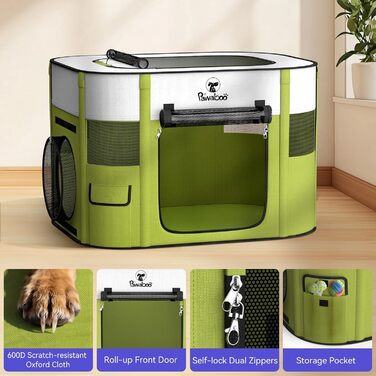 Pawaboo Зручний портативний вольєр для тварин, складаний вольєр для собак з водонепроникного оксфорду, клітка для котів з сумкою, мискою, для цуценят, котів, кроликів, для використання в приміщенні та на вулиці, зелений, M-80×60×55см, (2-в-1 вольєр, A-Біл