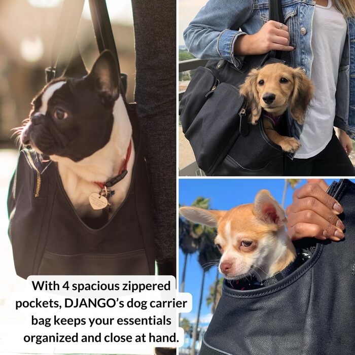 Сумка-переноска для собак DJANGO - чорна, велика, з міцної тканини вощенного канвасу та шкіри, з поворотком-поводком та надійними кишенями