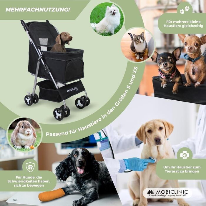 Візок для собак Mobiclinic® Pets, чорний, до 15 кг, з великим кошиком, 3 вікна, гальма, тримач для напоїв