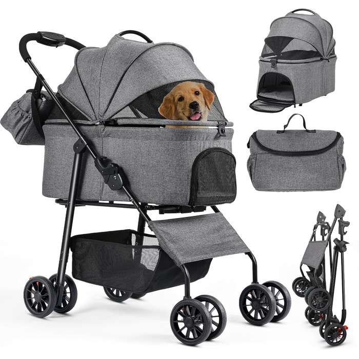 Візок для собак Mamizо 3-в-1, до 30 кг, з сумкою, поворотні колеса, для собак та котів, сірий
