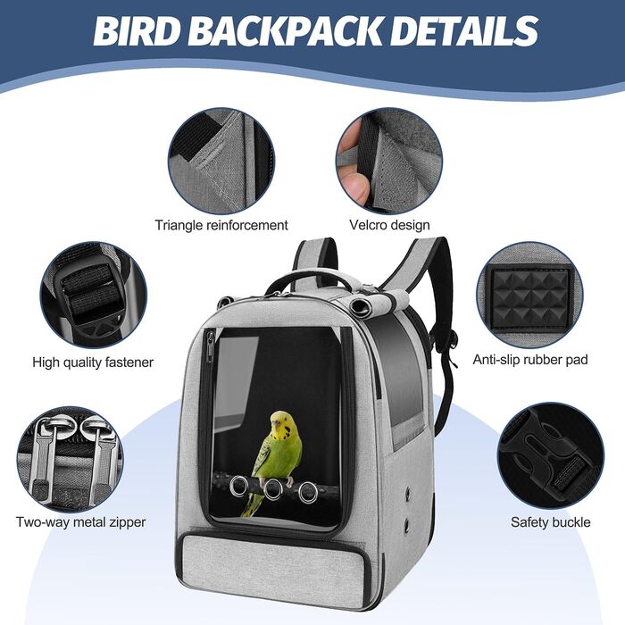 Рюкзак-переноска для птахів Vogel-Rucksack з лотком, жердочкою та годівницею, водонепроникний килимок, сірий, для папуг та середніх птахів