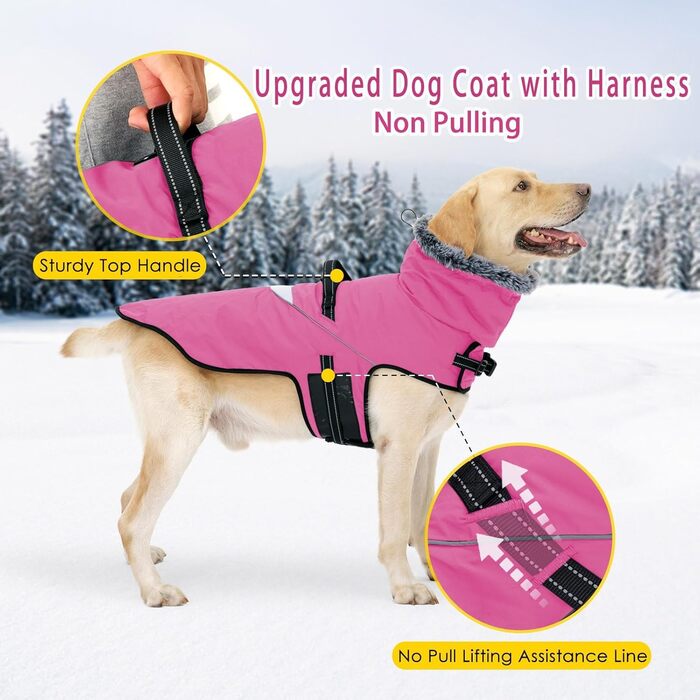 Водонепроникний собачий плащ IANZIMAU з шлейкою, зимовий, флісовий, з відбиваючими елементами, для маленьких, середніх та великих собак, сіро-зелений (M, Рожевий)