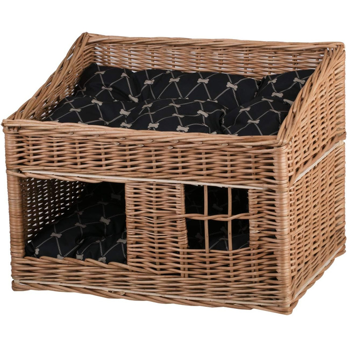 Кішка Будинок Прямокутна з Плетеного Лози, Двоярусний Корз для Кота з Подушкою та Вікном (Чорний, Натуральний)