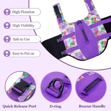Спасальний жилет для собак Hawaiian Sports Style, жилет для плавання з ручкою, для човнів, для цуценят, великих, середніх та малих собак (Large, квіти + фіолетовий)